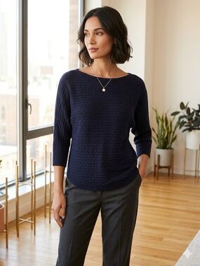 Market & Spruce Navy Cable Knit Boatneck Sweater; size small